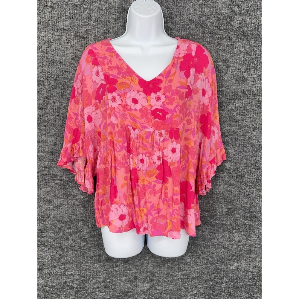 Andree By Unit Womens M Pink Floral V Neck Flutter Sleeve Tunic Top Blouse 18306